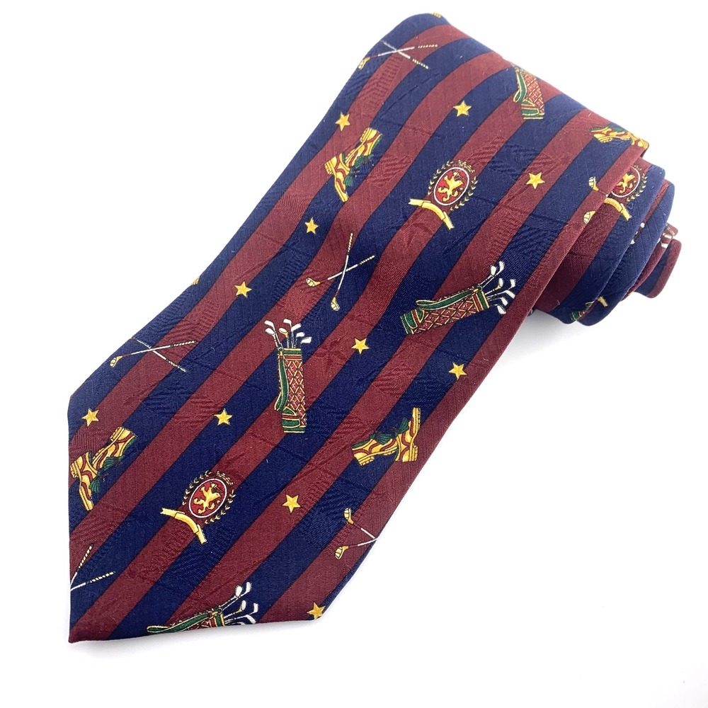 Vintage Tommy Hilfiger Mens Tie Blue & Burgundy Striped Pattern 100% Silk Golf